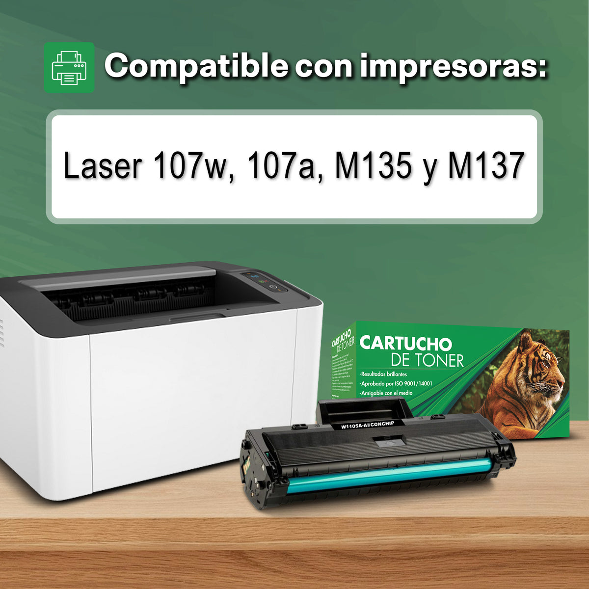 Tóner compatible Tigre 105A W1105A negro con chip para HP 107a, 107w, 135a y 108a
