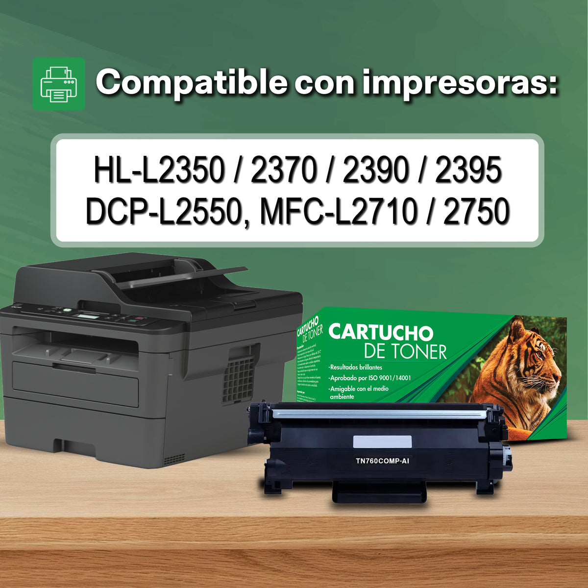 Tóner Compatible Tigre TN760 Negro para HL-L2350DW y HL-L2370DW